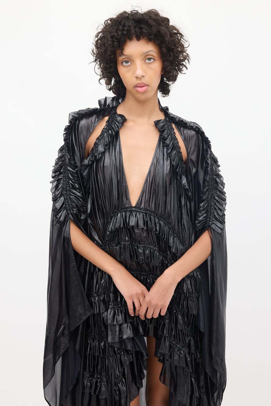 DSquared2 Plissé Ruffled Asymmetrical Liquid Metallic Cape Dress - S